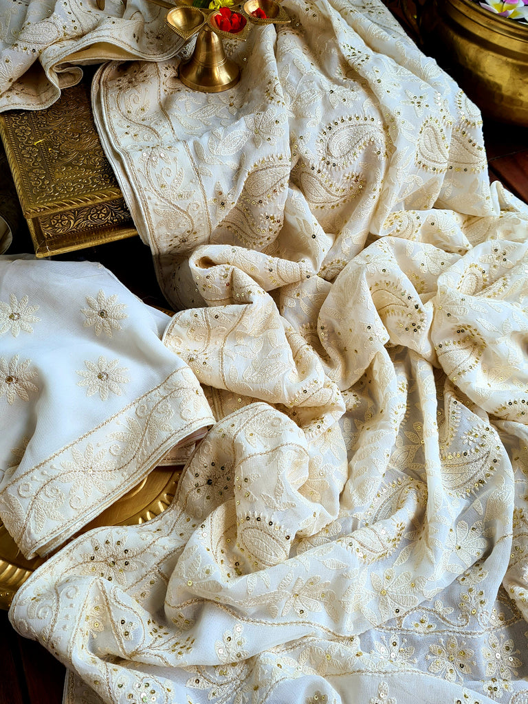 Zynah Pure Georgette Saree with Chikankari Work; Custom Stitched/Ready-made Blouse, Fall, Petticoat; Shipping available USA, Worldwide