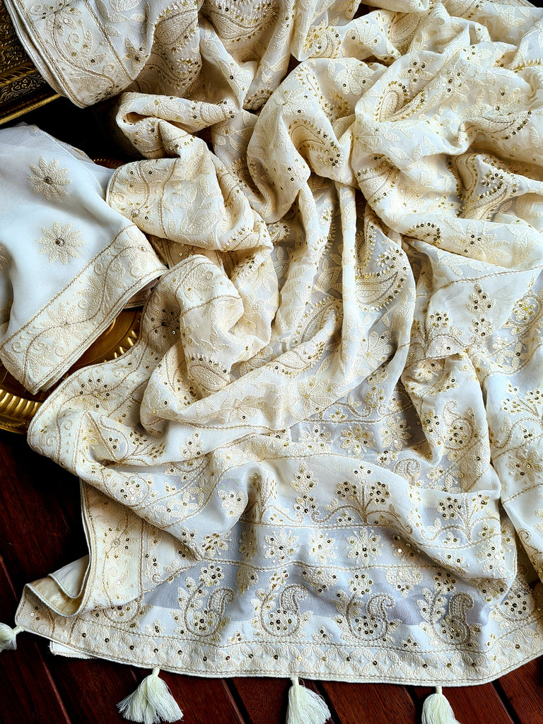 Zynah Pure Georgette Saree with Chikankari Work; Custom Stitched/Ready-made Blouse, Fall, Petticoat; Shipping available USA, Worldwide