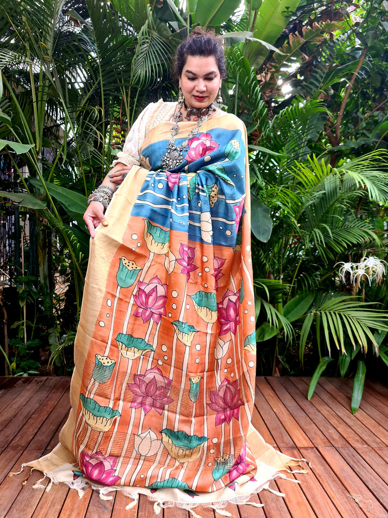 Zynah Pure Tussar Silk Saree with Hand-painted Kalamkari Design; Custom Stitched/Ready-made Blouse, Fall, Petticoat; Shipping available USA, Worldwide
