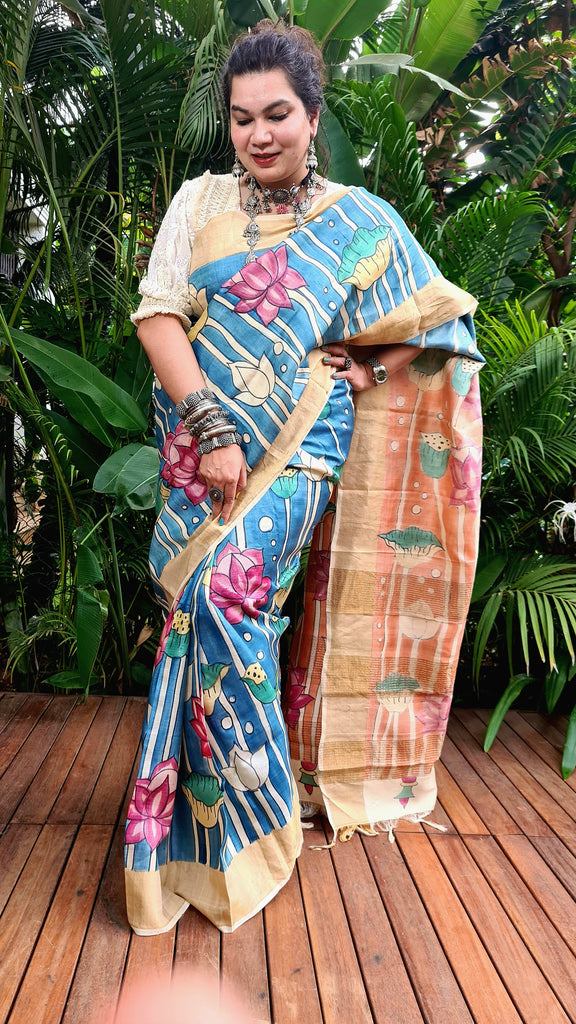 Zynah Pure Tussar Silk Saree with Hand-painted Kalamkari Design; Custom Stitched/Ready-made Blouse, Fall, Petticoat; Shipping available USA, Worldwide