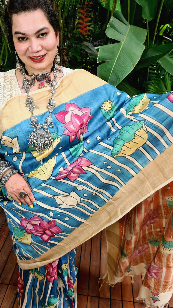 Zynah Pure Tussar Silk Saree with Hand-painted Kalamkari Design; Custom Stitched/Ready-made Blouse, Fall, Petticoat; Shipping available USA, Worldwide