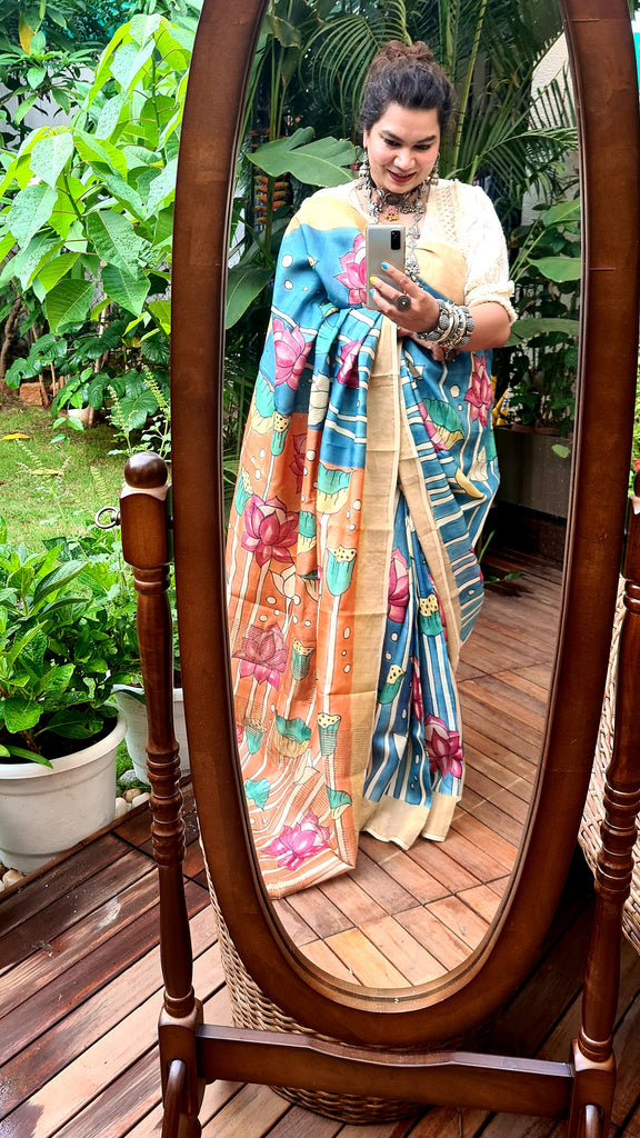 Zynah Pure Tussar Silk Saree with Hand-painted Kalamkari Design; Custom Stitched/Ready-made Blouse, Fall, Petticoat; Shipping available USA, Worldwide