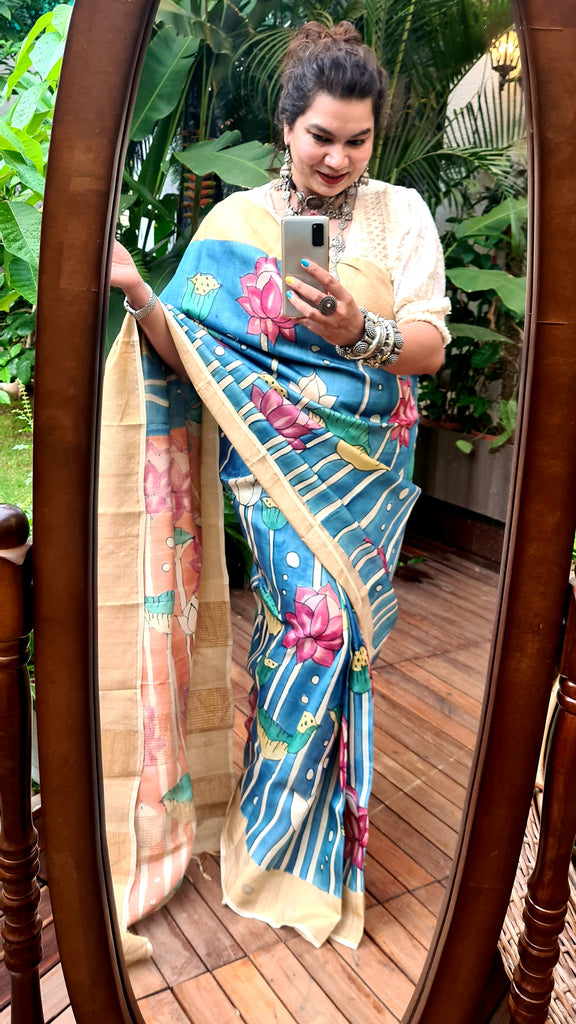 Zynah Pure Tussar Silk Saree with Hand-painted Kalamkari Design; Custom Stitched/Ready-made Blouse, Fall, Petticoat; Shipping available USA, Worldwide