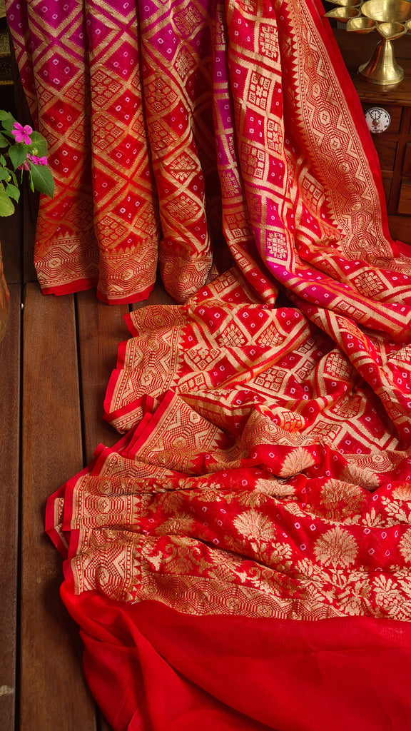 Zynah Banarasi Khaddi Georgette Saree with Bandhani Prints & Double-shade; Custom Stitched/Ready-made Blouse, Fall, Petticoat; Shipping available USA, Worldwide