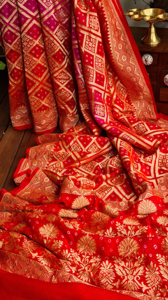 Zynah Banarasi Khaddi Georgette Saree with Bandhani Prints & Double-shade; Custom Stitched/Ready-made Blouse, Fall, Petticoat; Shipping available USA, Worldwide