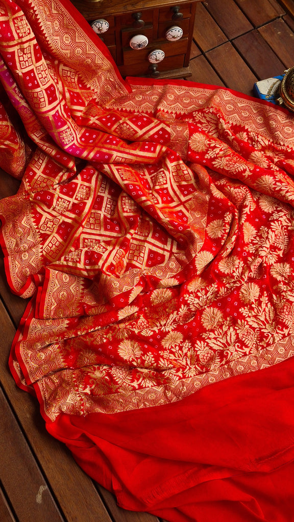 Zynah Banarasi Khaddi Georgette Saree with Bandhani Prints & Double-shade; Custom Stitched/Ready-made Blouse, Fall, Petticoat; Shipping available USA, Worldwide
