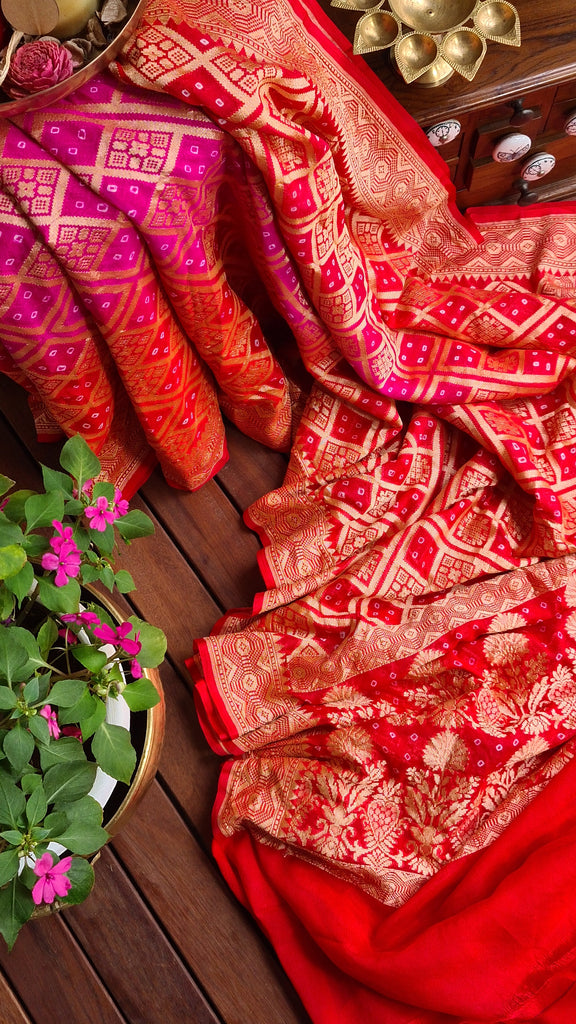 Zynah Banarasi Khaddi Georgette Saree with Bandhani Prints & Double-shade; Custom Stitched/Ready-made Blouse, Fall, Petticoat; Shipping available USA, Worldwide
