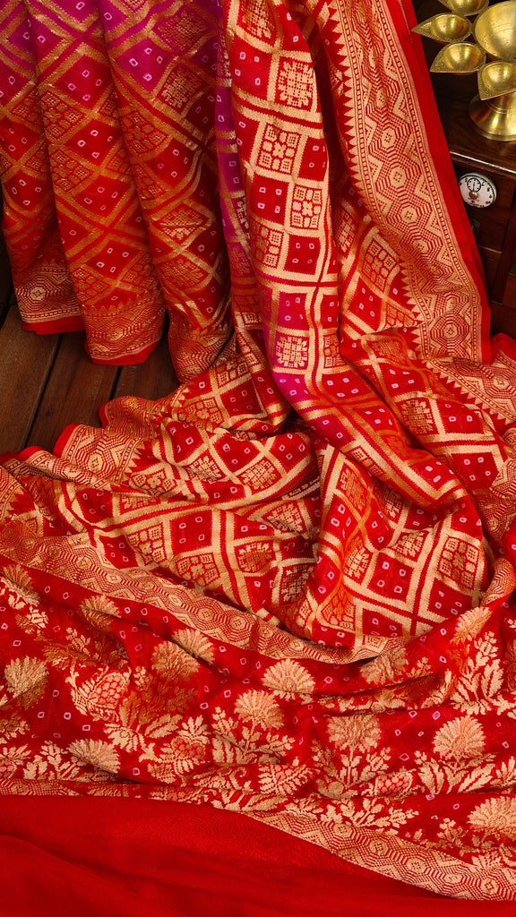 Zynah Banarasi Khaddi Georgette Saree with Bandhani Prints & Double-shade; Custom Stitched/Ready-made Blouse, Fall, Petticoat; Shipping available USA, Worldwide