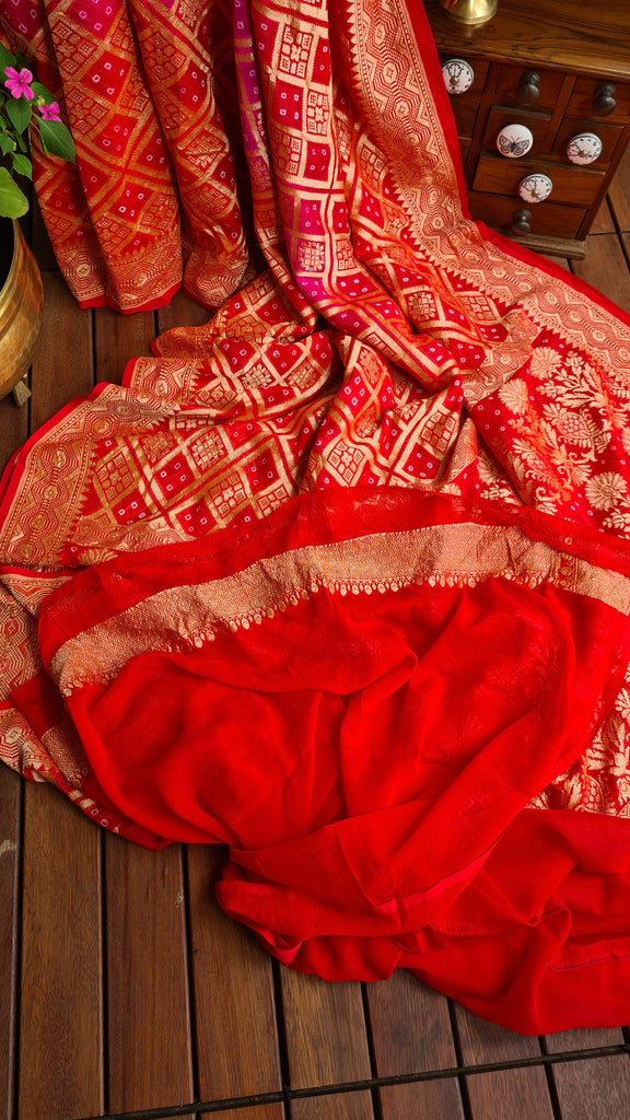 Zynah Banarasi Khaddi Georgette Saree with Bandhani Prints & Double-shade; Custom Stitched/Ready-made Blouse, Fall, Petticoat; Shipping available USA, Worldwide