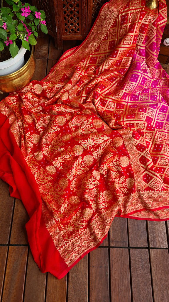 Zynah Banarasi Khaddi Georgette Saree with Bandhani Prints & Double-shade; Custom Stitched/Ready-made Blouse, Fall, Petticoat; Shipping available USA, Worldwide