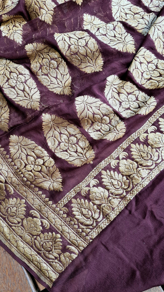 Zynah Pure Banarasi Khaddi Georgette Saree with Kadhwa Weaving; Custom Stitched/Ready-made Blouse, Fall, Petticoat; Shipping available USA, Worldwide