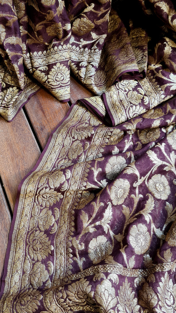 Zynah Pure Banarasi Khaddi Georgette Saree with Kadhwa Weaving; Custom Stitched/Ready-made Blouse, Fall, Petticoat; Shipping available USA, Worldwide
