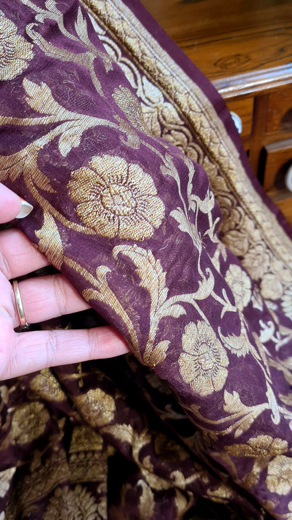 Zynah Pure Banarasi Khaddi Georgette Saree with Kadhwa Weaving; Custom Stitched/Ready-made Blouse, Fall, Petticoat; Shipping available USA, Worldwide