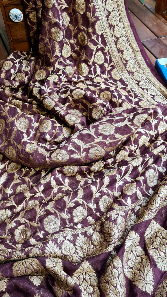 Zynah Pure Banarasi Khaddi Georgette Saree with Kadhwa Weaving; Custom Stitched/Ready-made Blouse, Fall, Petticoat; Shipping available USA, Worldwide