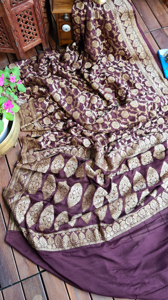 Zynah Pure Banarasi Khaddi Georgette Saree with Kadhwa Weaving; Custom Stitched/Ready-made Blouse, Fall, Petticoat; Shipping available USA, Worldwide
