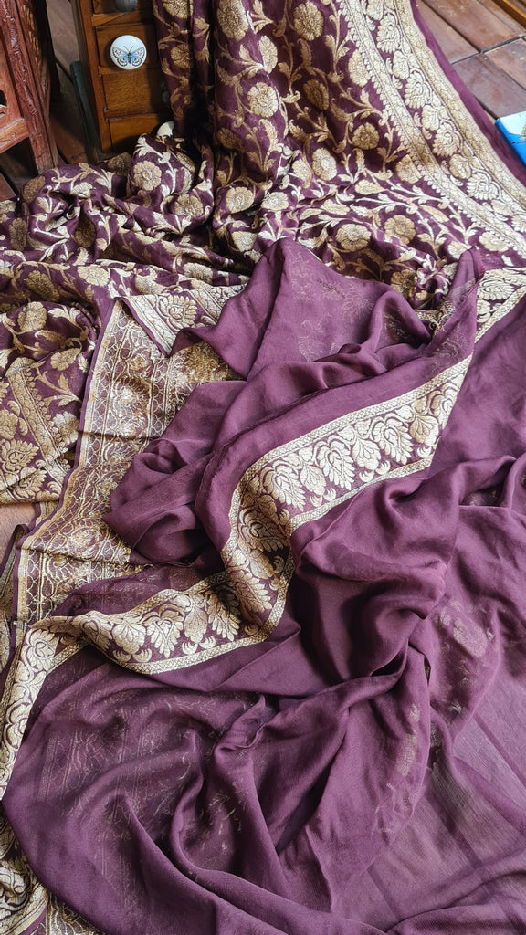 Zynah Pure Banarasi Khaddi Georgette Saree with Kadhwa Weaving; Custom Stitched/Ready-made Blouse, Fall, Petticoat; Shipping available USA, Worldwide