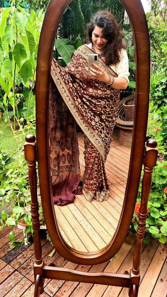 Zynah Pure Banarasi Khaddi Georgette Saree with Kadhwa Weaving; Custom Stitched/Ready-made Blouse, Fall, Petticoat; Shipping available USA, Worldwide