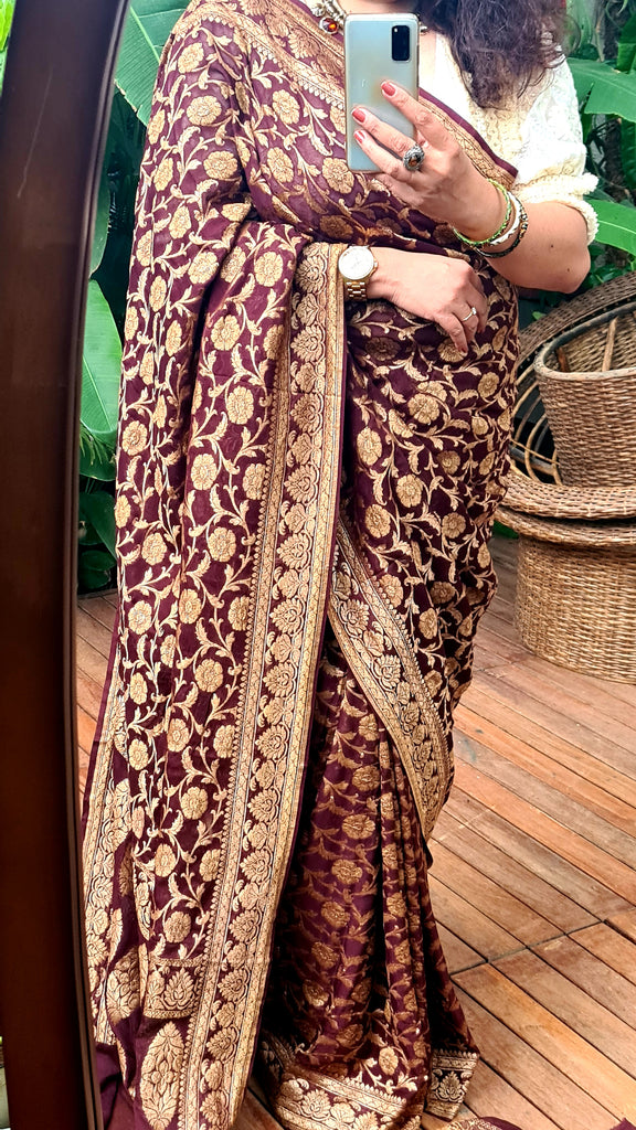 Zynah Pure Banarasi Khaddi Georgette Saree with Kadhwa Weaving; Custom Stitched/Ready-made Blouse, Fall, Petticoat; Shipping available USA, Worldwide