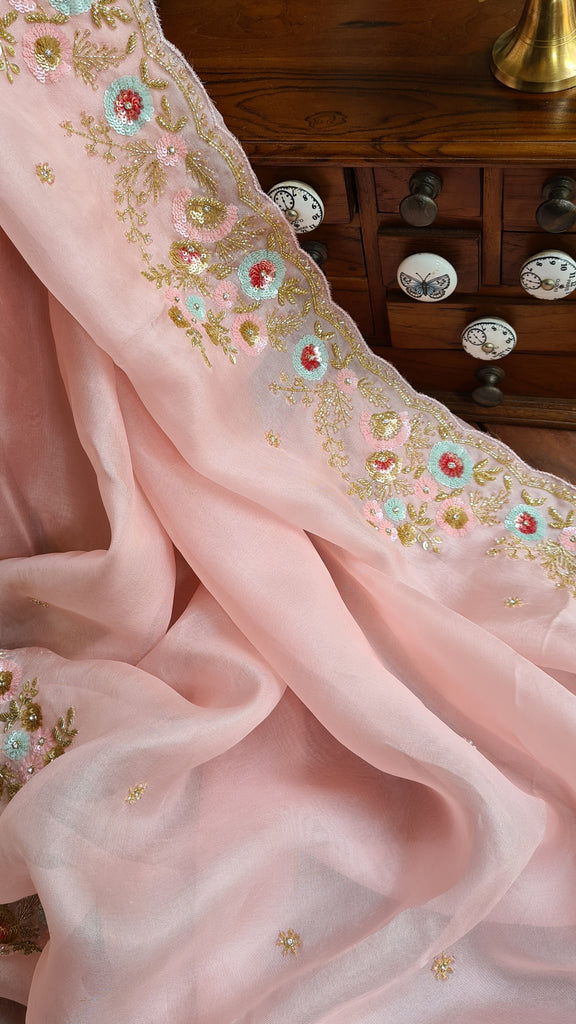 Zynah Pure Organza Silk Saree with Sequence, Beads & Cutdana Work; Custom Stitched/Ready-made Blouse, Fall, Petticoat; Shipping available USA, Worldwide