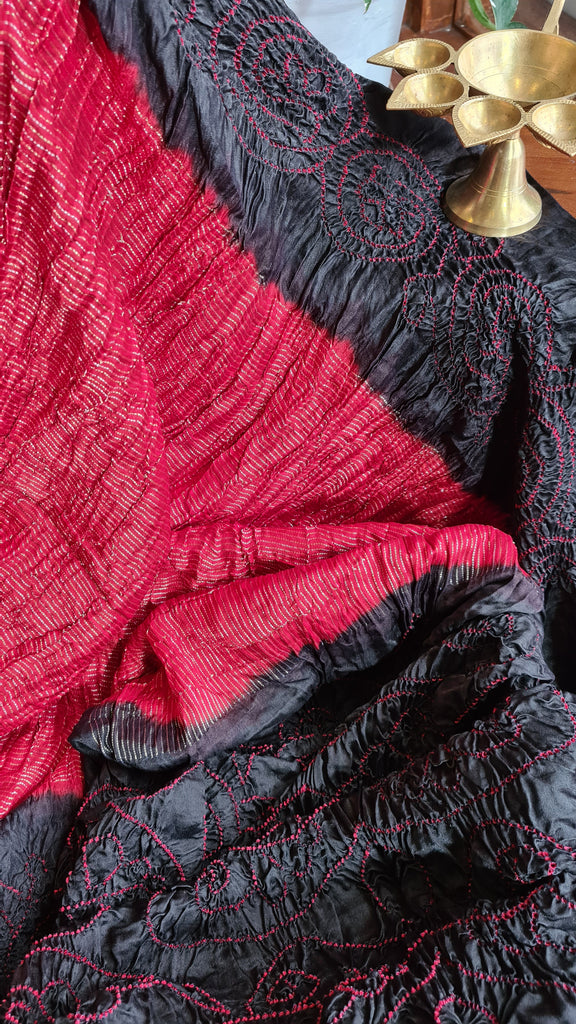 Zynah Pure Gajji Silk Designer Half & Half Bandhani Saree with Tissue Zari Pallu; Custom Stitched/Ready-made Blouse, Fall, Petticoat; Shipping available USA, Worldwide