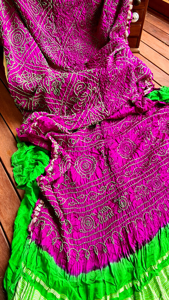 Zynah Pure Gajji Silk Designer Bandhani Saree with Tissue Zari Pallu; Custom Stitched/Ready-made Blouse, Fall, Petticoat; Shipping available USA, Worldwide
