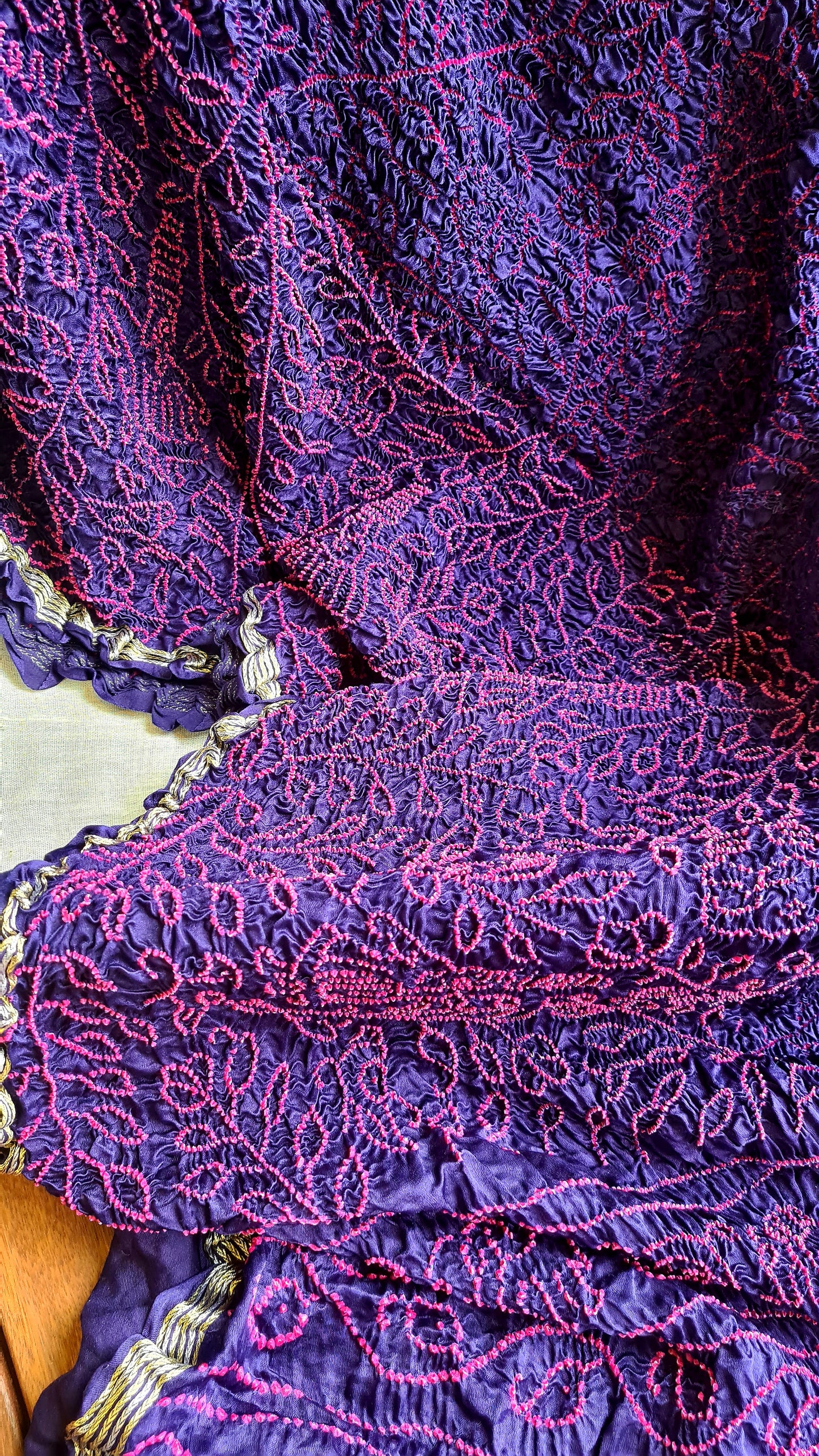 Zynah Pure Gajji Silk Designer Bandhani Saree with Tissue Zari Pallu; Custom Stitched/Ready-made Blouse, Fall, Petticoat; Shipping available USA, Worldwide