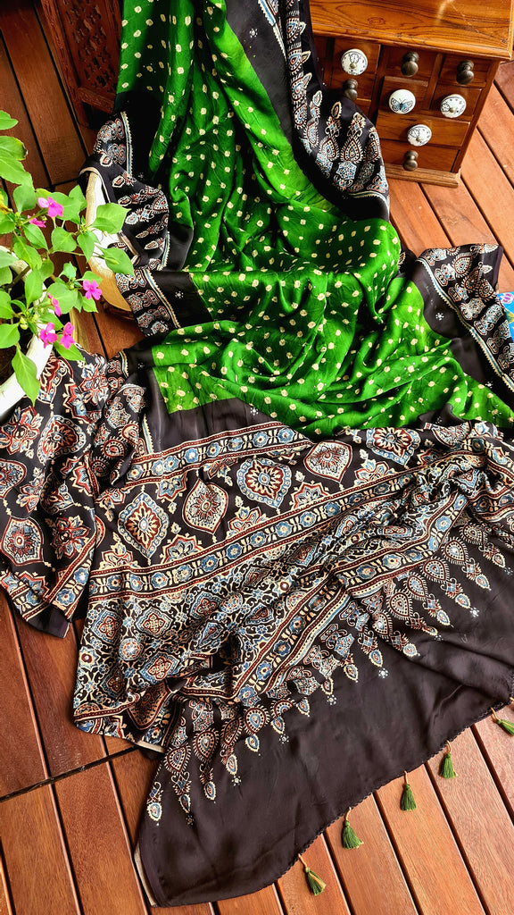 Zynah Pure Modal Satin Ajrakh Bandhani Printed Saree; Custom Stitched/Ready-made Blouse, Fall, Petticoat; Shipping available USA, Worldwide
