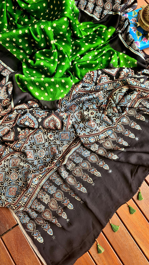 Zynah Pure Modal Satin Ajrakh Bandhani Printed Saree; Custom Stitched/Ready-made Blouse, Fall, Petticoat; Shipping available USA, Worldwide