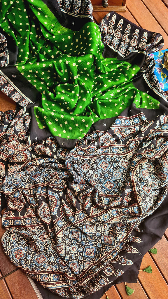 Zynah Pure Modal Satin Ajrakh Bandhani Printed Saree; Custom Stitched/Ready-made Blouse, Fall, Petticoat; Shipping available USA, Worldwide