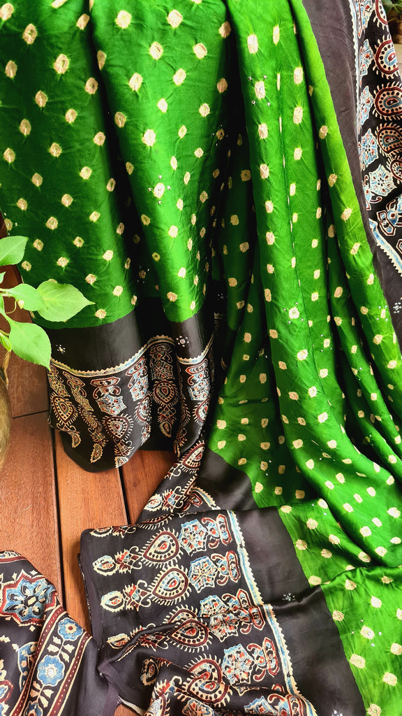 Zynah Pure Modal Satin Ajrakh Bandhani Printed Saree; Custom Stitched/Ready-made Blouse, Fall, Petticoat; Shipping available USA, Worldwide