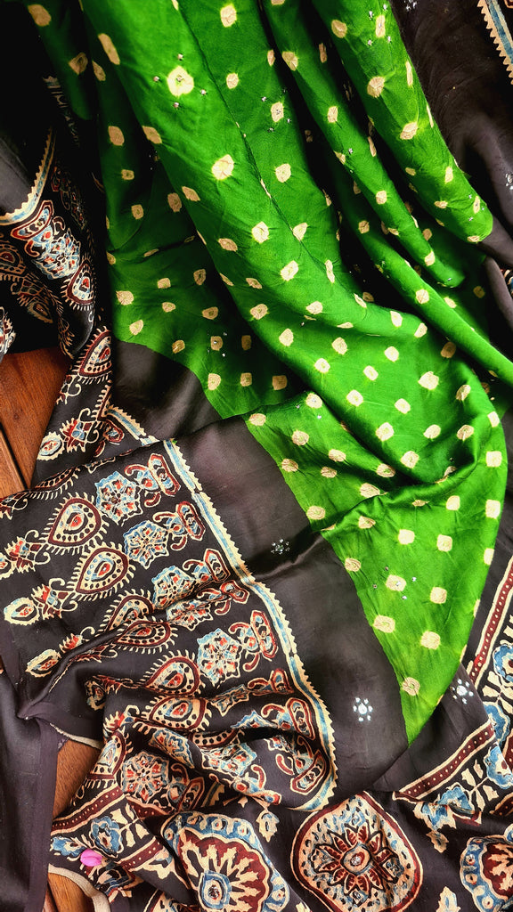 Zynah Pure Modal Satin Ajrakh Bandhani Printed Saree; Custom Stitched/Ready-made Blouse, Fall, Petticoat; Shipping available USA, Worldwide