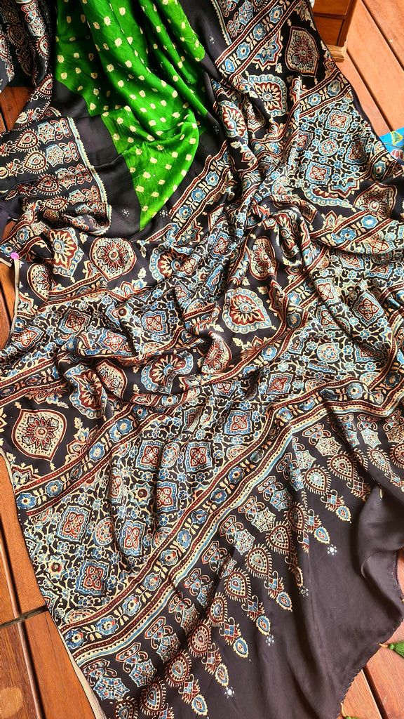 Zynah Pure Modal Satin Ajrakh Bandhani Printed Saree; Custom Stitched/Ready-made Blouse, Fall, Petticoat; Shipping available USA, Worldwide