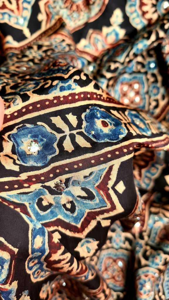 Zynah Pure Modal Satin Ajrakh Bandhani Printed Saree; Custom Stitched/Ready-made Blouse, Fall, Petticoat; Shipping available USA, Worldwide