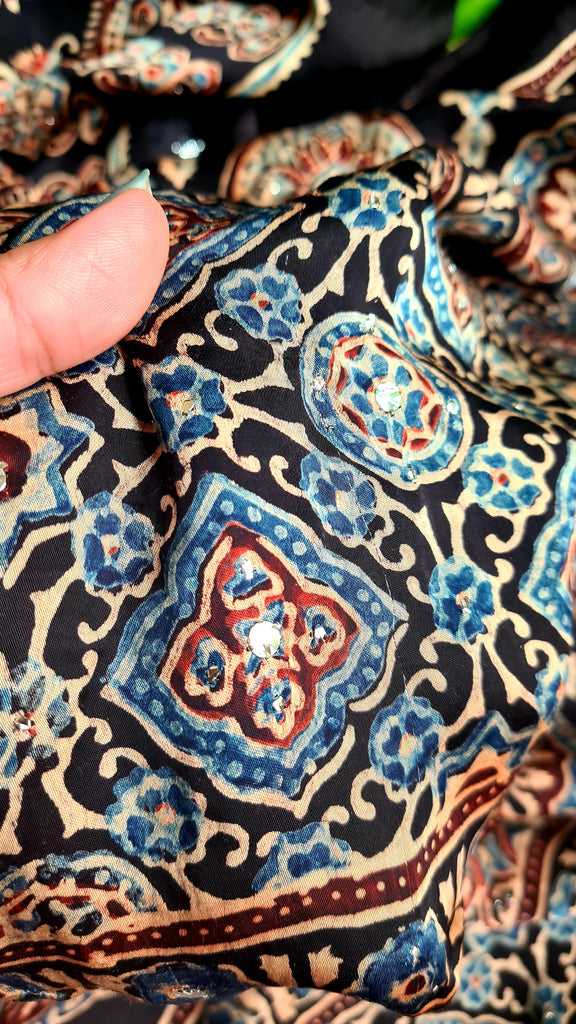 Zynah Pure Modal Satin Ajrakh Bandhani Printed Saree; Custom Stitched/Ready-made Blouse, Fall, Petticoat; Shipping available USA, Worldwide