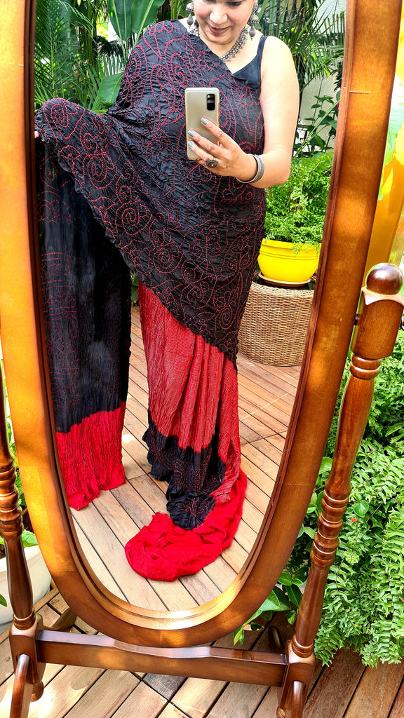 Zynah Pure Gajji Silk Designer Half & Half Bandhani Saree with Tissue Zari Pallu; Custom Stitched/Ready-made Blouse, Fall, Petticoat; Shipping available USA, Worldwide