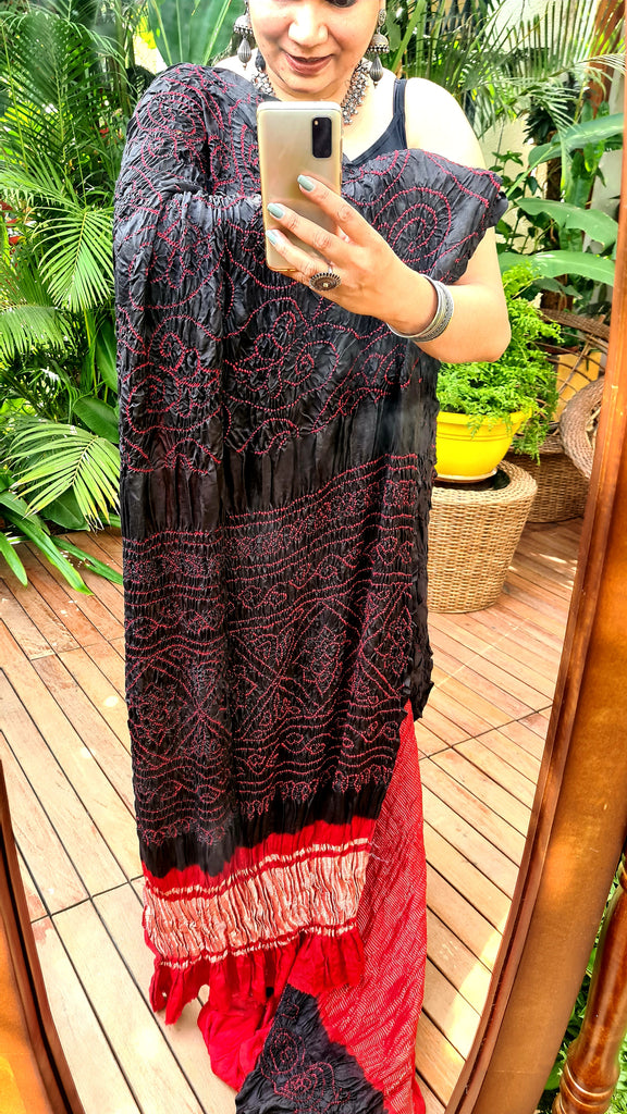 Zynah Pure Gajji Silk Designer Half & Half Bandhani Saree with Tissue Zari Pallu; Custom Stitched/Ready-made Blouse, Fall, Petticoat; Shipping available USA, Worldwide