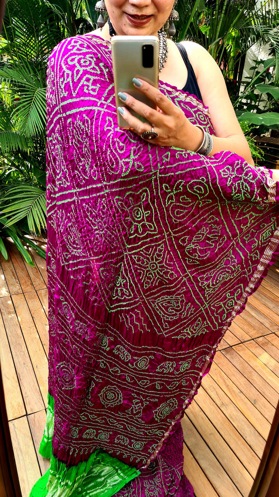 Zynah Pure Gajji Silk Designer Bandhani Saree with Tissue Zari Pallu; Custom Stitched/Ready-made Blouse, Fall, Petticoat; Shipping available USA, Worldwide