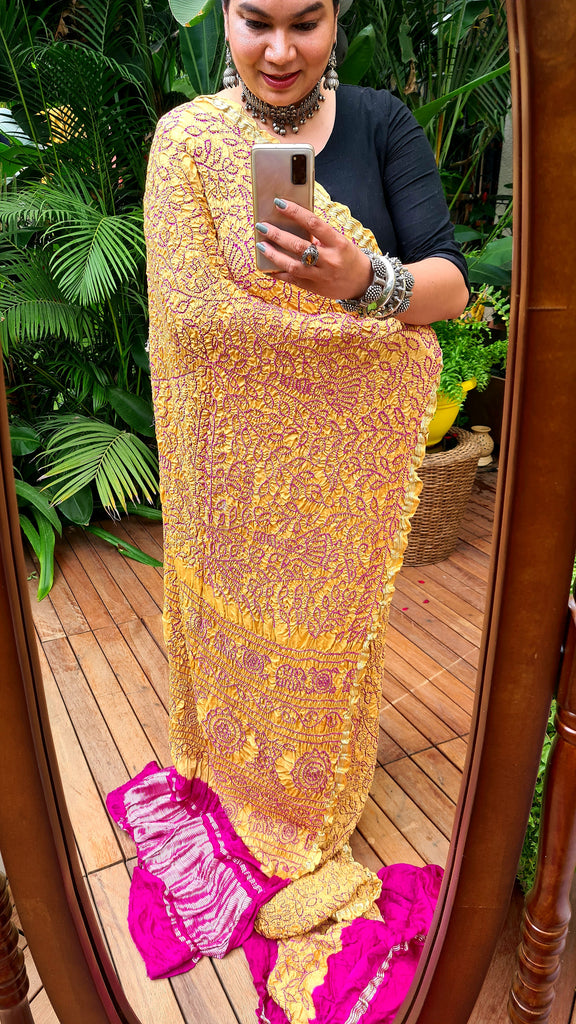 Zynah Pure Gajji Silk Designer Bandhani Saree with Zari Border & Pallu; Custom Stitched/Ready-made Blouse, Fall, Petticoat; Shipping available USA, Worldwide