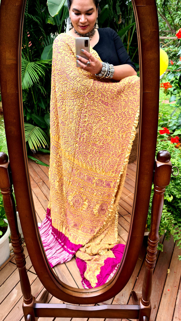 Zynah Pure Gajji Silk Designer Bandhani Saree with Zari Border & Pallu; Custom Stitched/Ready-made Blouse, Fall, Petticoat; Shipping available USA, Worldwide