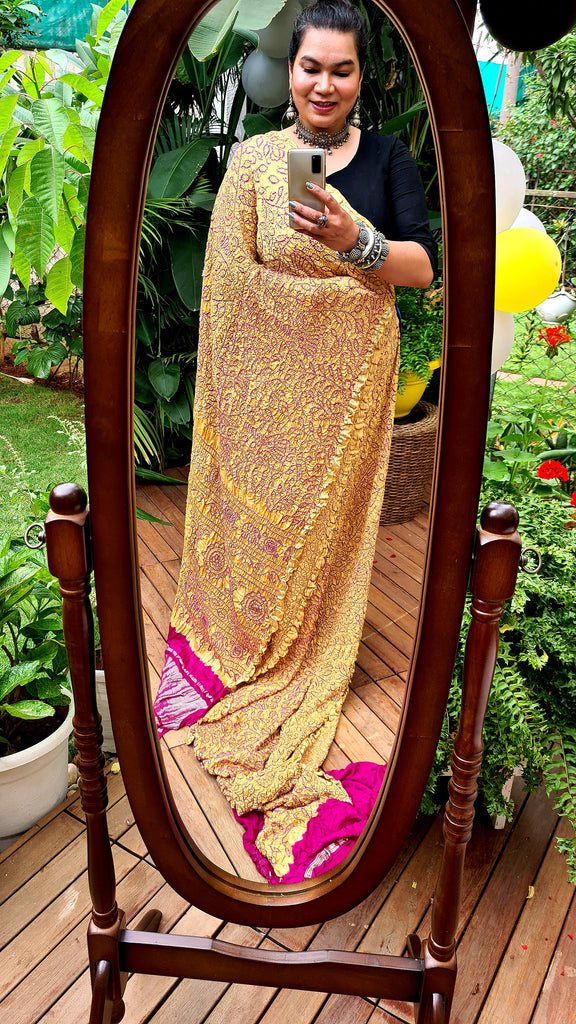 Zynah Pure Gajji Silk Designer Bandhani Saree with Zari Border & Pallu; Custom Stitched/Ready-made Blouse, Fall, Petticoat; Shipping available USA, Worldwide