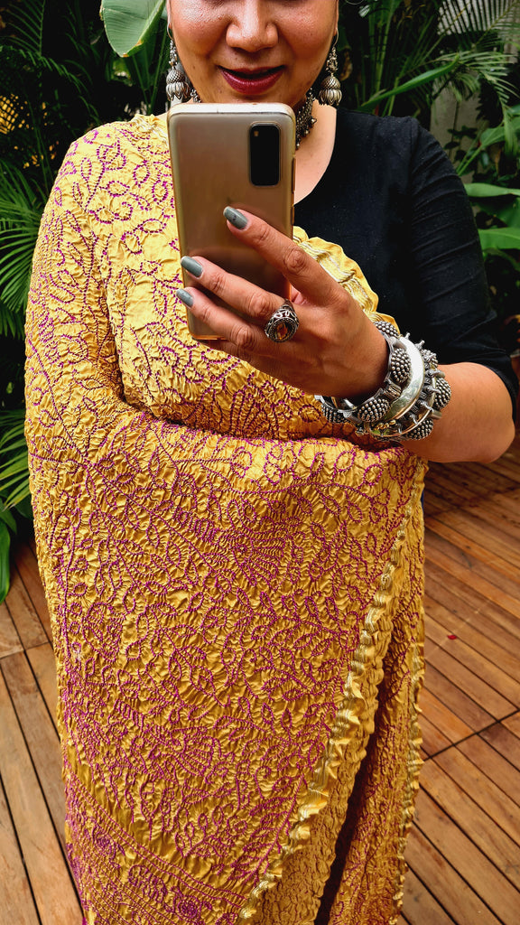 Zynah Pure Gajji Silk Designer Bandhani Saree with Zari Border & Pallu; Custom Stitched/Ready-made Blouse, Fall, Petticoat; Shipping available USA, Worldwide