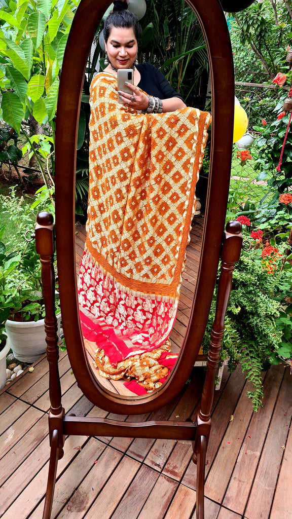 Zynah Pure Georgette Designer Bandhani Saree with Gharchola & Zari Weave; Custom Stitched/Ready-made Blouse, Fall, Petticoat; Shipping available USA, Worldwide