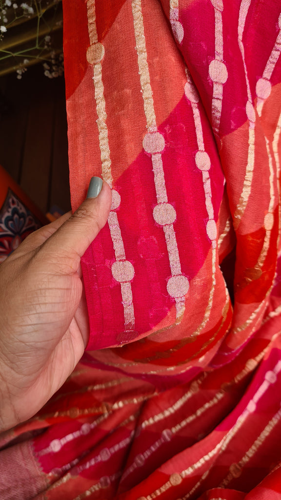 Zynah Khaddi Georgette Saree in Lehariya Weaving; Custom Stitched/Ready-made Blouse, Fall, Petticoat; Shipping available USA, Worldwide