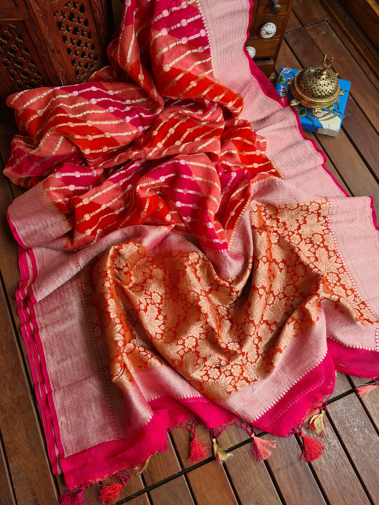 Zynah Khaddi Georgette Saree in Lehariya Weaving; Custom Stitched/Ready-made Blouse, Fall, Petticoat; Shipping available USA, Worldwide