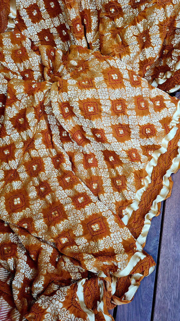 Zynah Pure Georgette Designer Bandhani Saree with Gharchola & Zari Weave; Custom Stitched/Ready-made Blouse, Fall, Petticoat; Shipping available USA, Worldwide