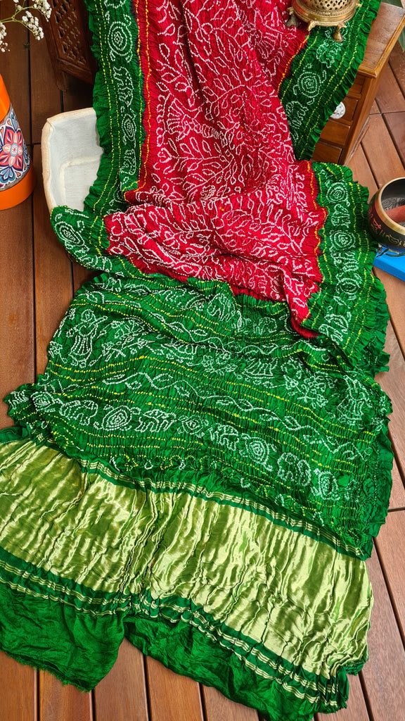 Zynah Pure Gajji Silk Designer Bandhani Saree with Tissue Zari Pallu; Custom Stitched/Ready-made Blouse, Fall, Petticoat; Shipping available USA, Worldwide