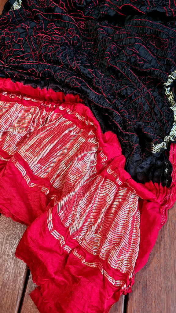 Zynah Pure Gajji Silk Designer Bandhani Saree with Zari Border & Pallu; Custom Stitched/Ready-made Blouse, Fall, Petticoat; Shipping available USA, Worldwide