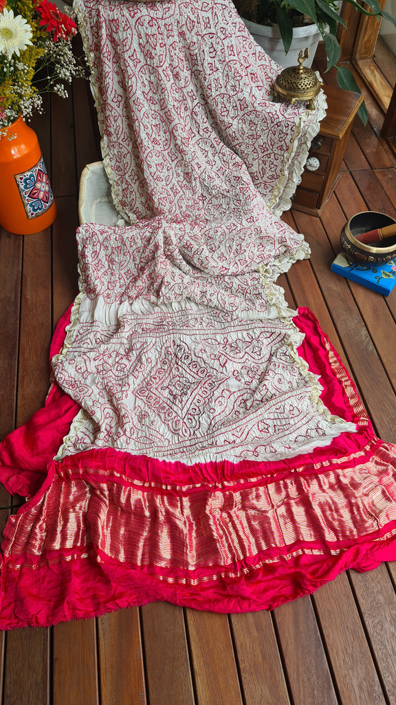 Zynah Pure Gajji Silk Designer Bandhani Saree with Zari Border & Pallu; Custom Stitched/Ready-made Blouse, Fall, Petticoat; Shipping available USA, Worldwide