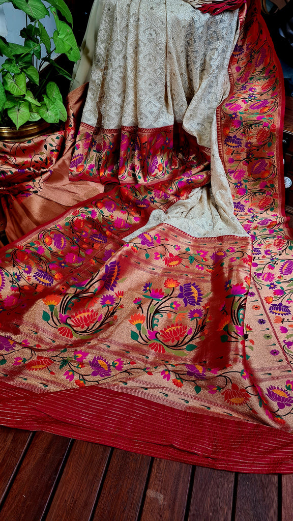 Zynah Off-white Color Banarasi Khaddi Georgette Saree with Chikankari Work & Paithani Weave; Custom Stitched/Ready-made Blouse, Fall, Petticoat; Shipping available USA, Worldwide