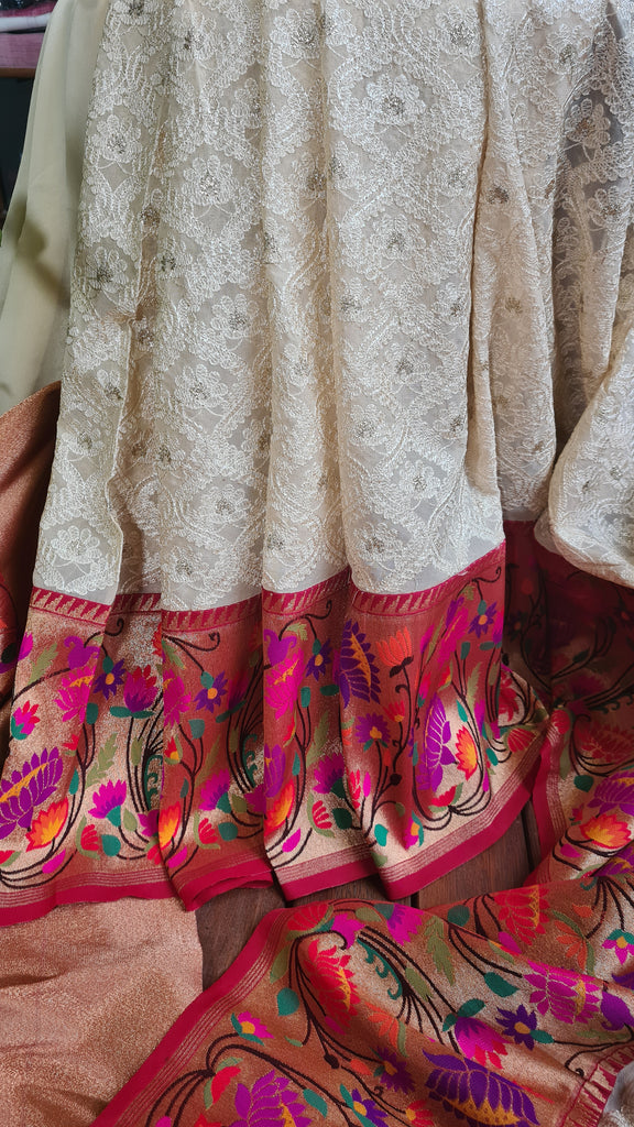 Zynah Off-white Color Banarasi Khaddi Georgette Saree with Chikankari Work & Paithani Weave; Custom Stitched/Ready-made Blouse, Fall, Petticoat; Shipping available USA, Worldwide